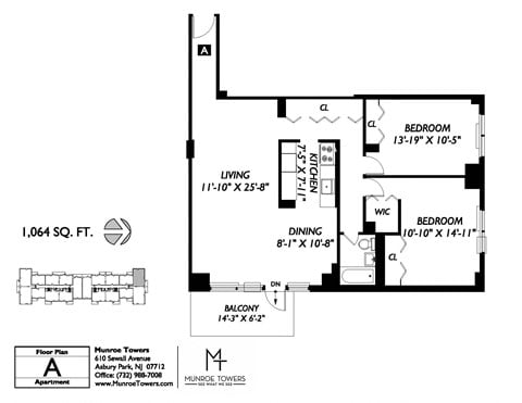 Floor plan for 2 beds, 1 bath, 1064 sqft